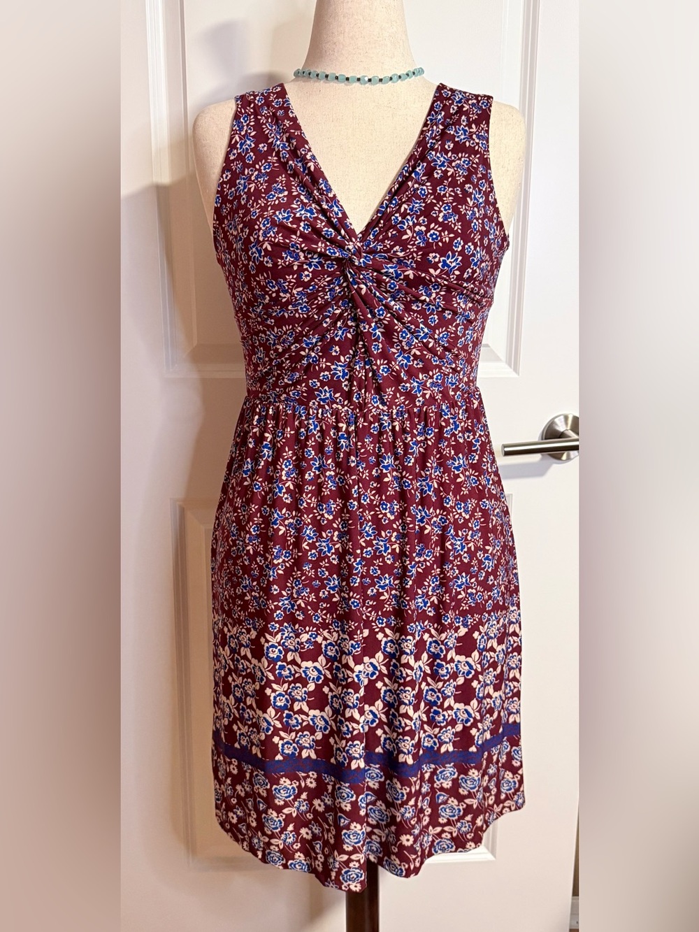 NWT Verse Luisa Floral Twist-Front Burgundy with Blue Flowers Dress M Boho